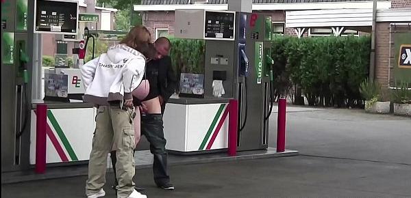  A very pregnant girl gas station public sex threesome